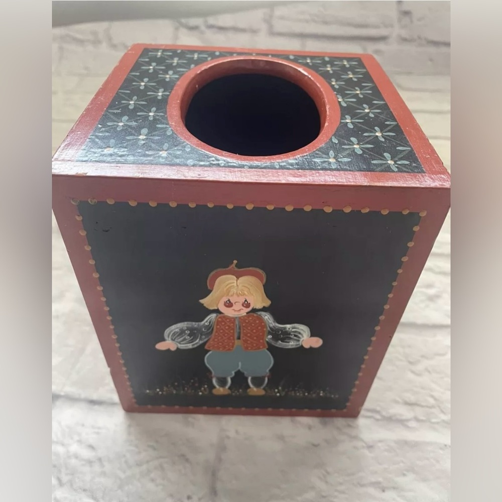 Vtg. Hand Painted Wooden Tissue Box Cover Square Eastern Europe Folk Art